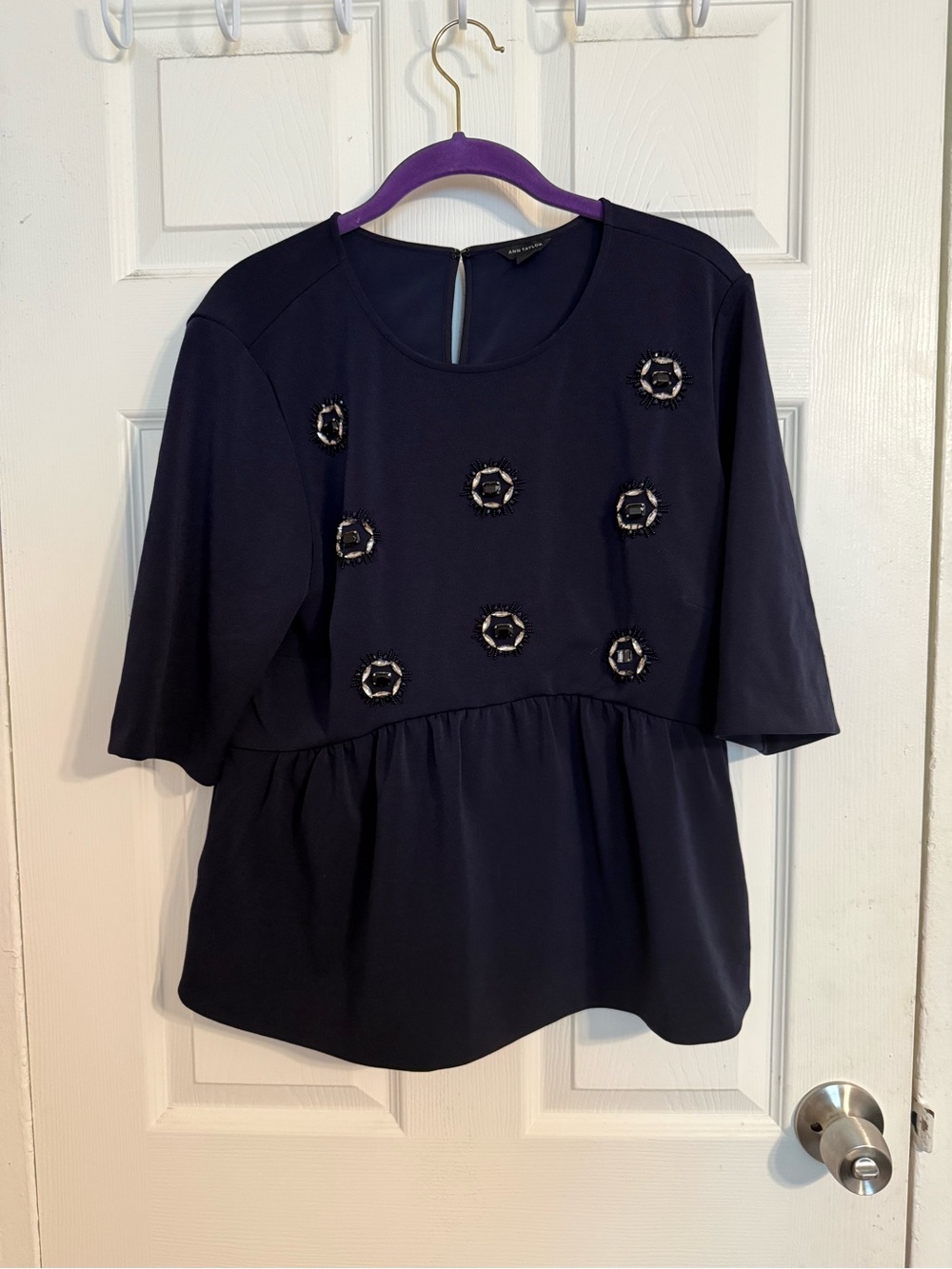 Ann Taylor Navy Embellished Peplum Top